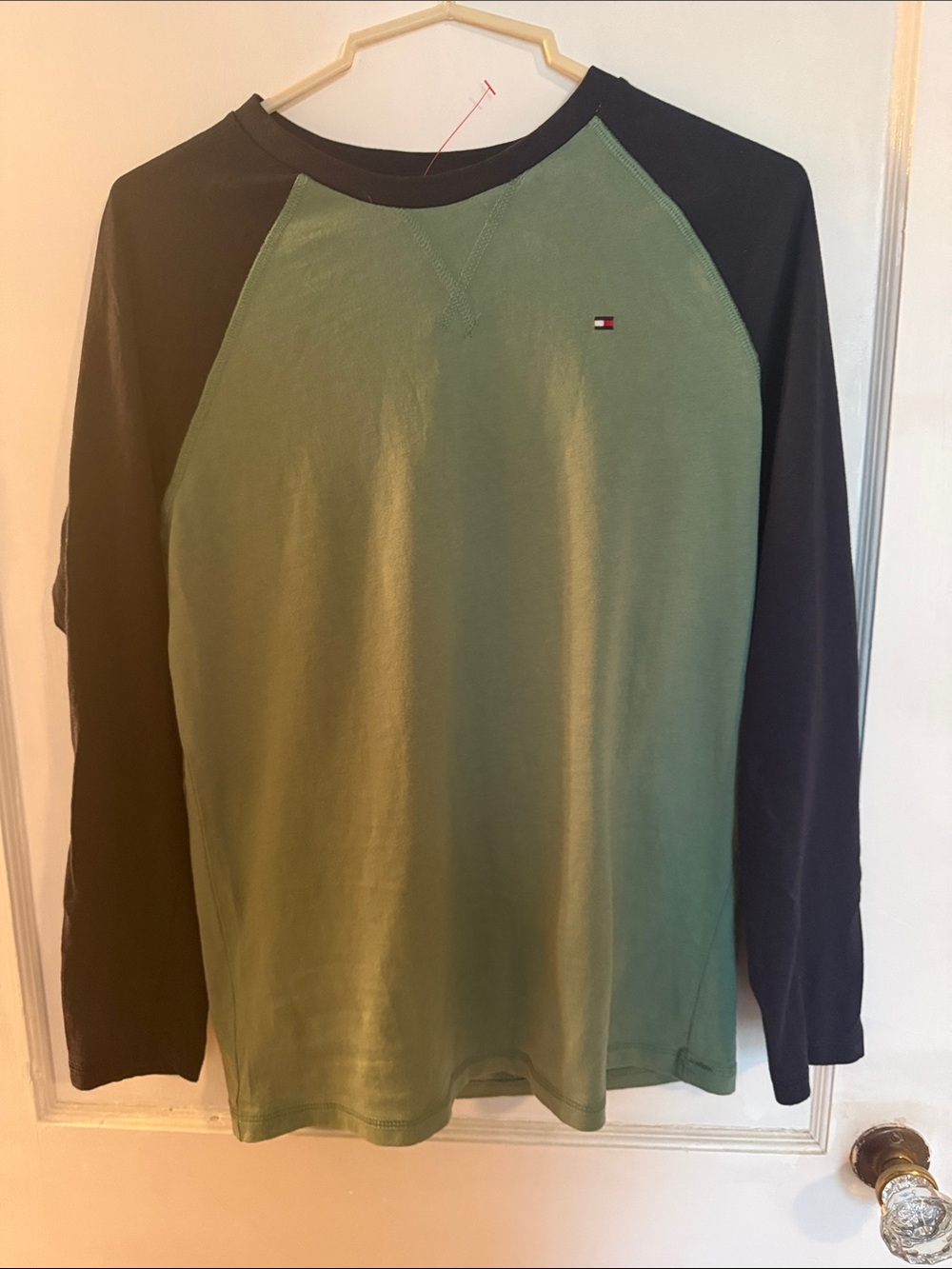 Tommy Hilfiger Olive Green Front with Black Raglan Sleeves Long Sleeve Tee